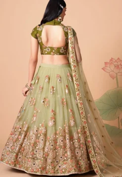 Embroidered Net Lehenga in Light Green