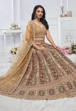 Embroidered Net Lehenga in Multicolor