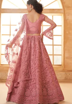 Embroidered Net Lehenga in Pink