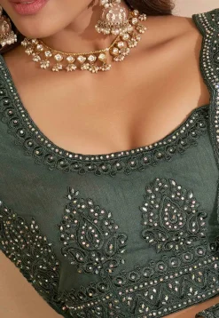Embroidered Net Lehenga in Dusty Green