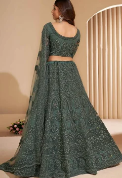 Embroidered Net Lehenga in Dusty Green