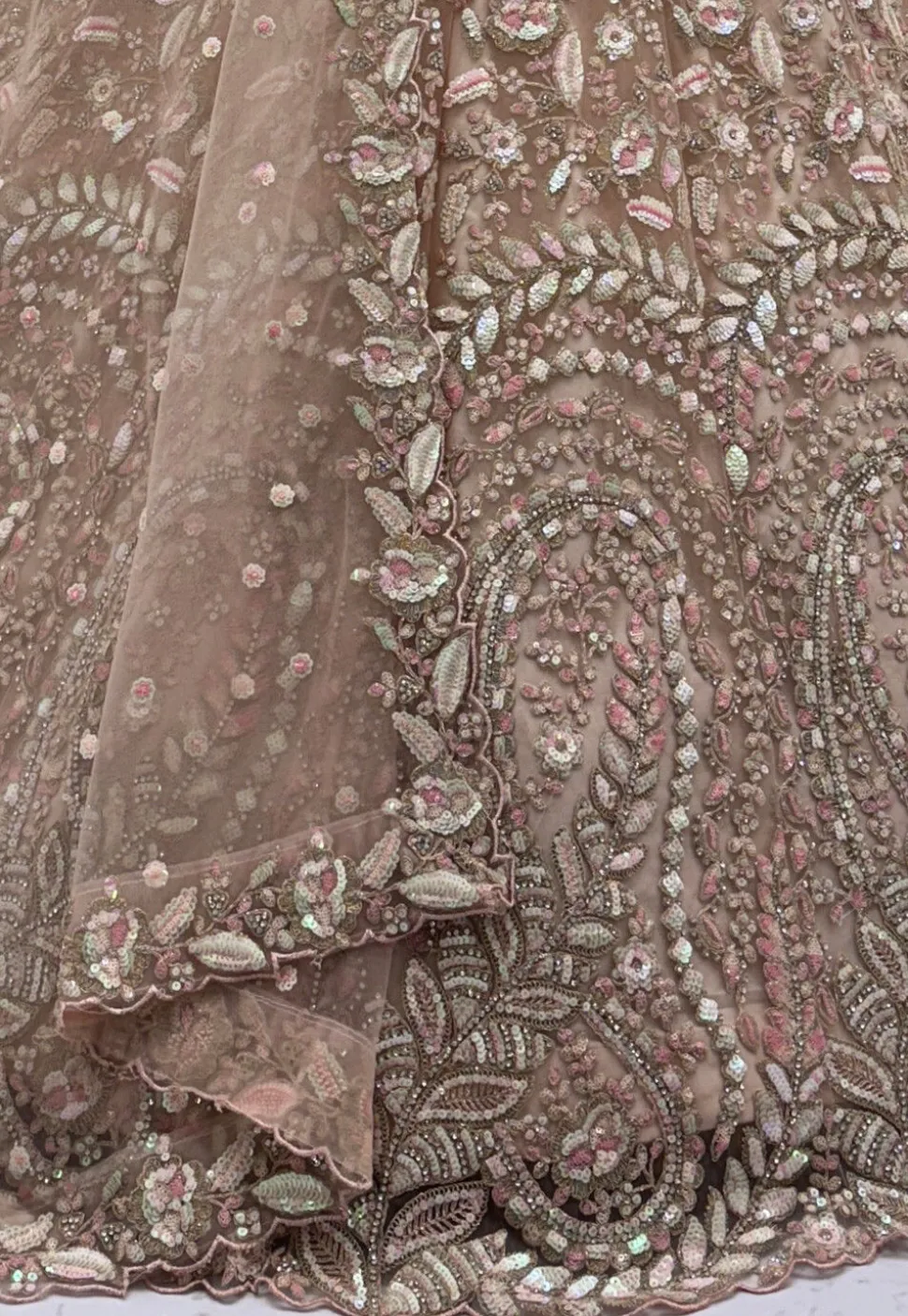 Embroidered Net Lehenga in Peach
