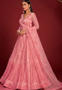 Embroidered Net Lehenga in Pink