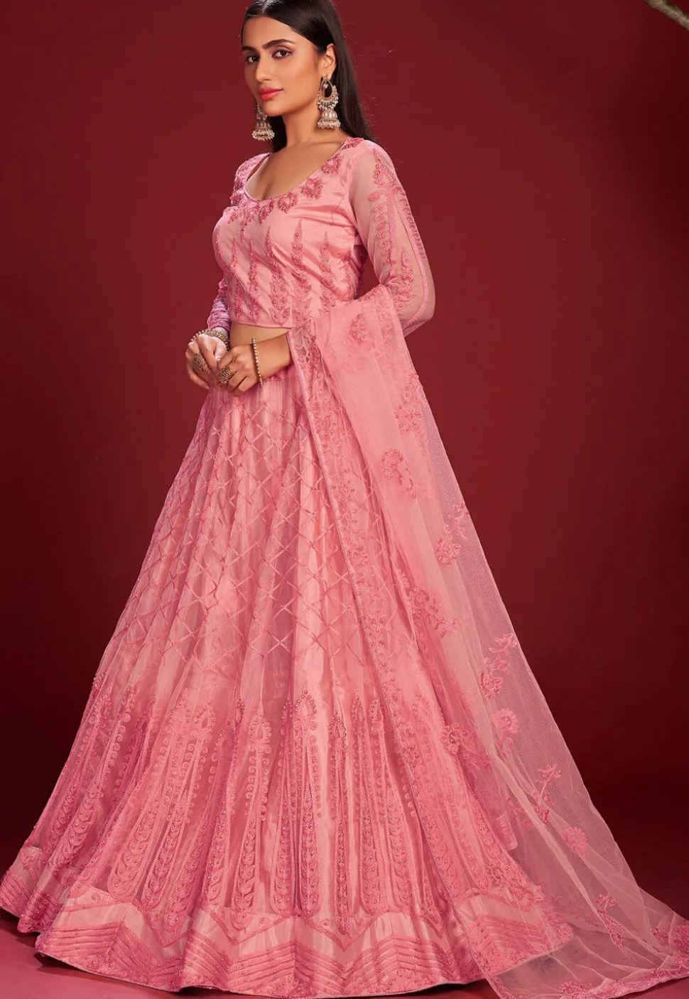 Embroidered Net Lehenga in Pink