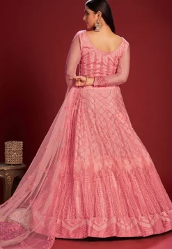 Embroidered Net Lehenga in Pink