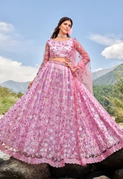 Embroidered Net Lehenga in Purple