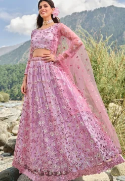 Embroidered Net Lehenga in Purple