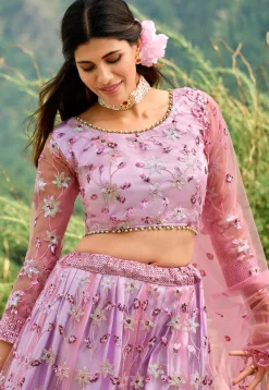 Embroidered Net Lehenga in Purple