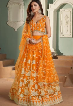 Embroidered Net Lehenga in Orange