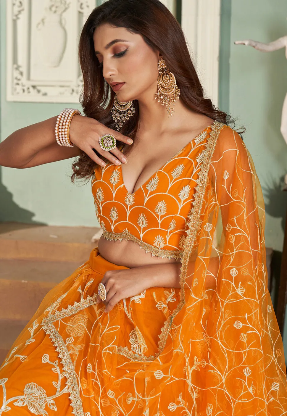 Embroidered Net Lehenga in Orange