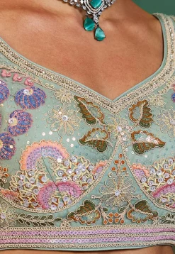 Embroidered Net Lehenga in Sea Green