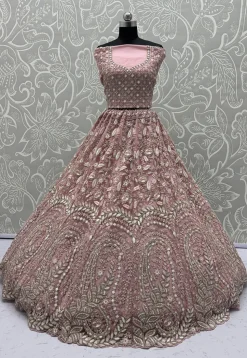 Embroidered Net Lehenga in Pink