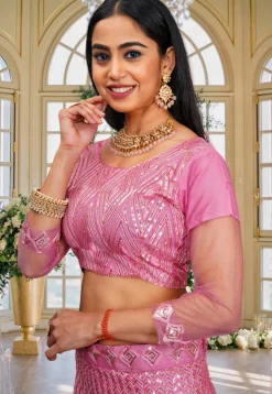 Embroidered Net Lehenga in Pink