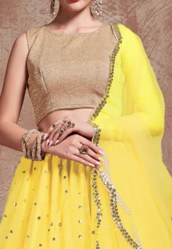 Embroidered Net Lehenga in Yellow