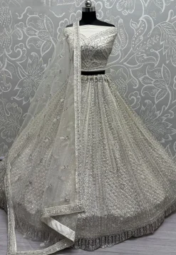 Embroidered Net Lehenga in Off White