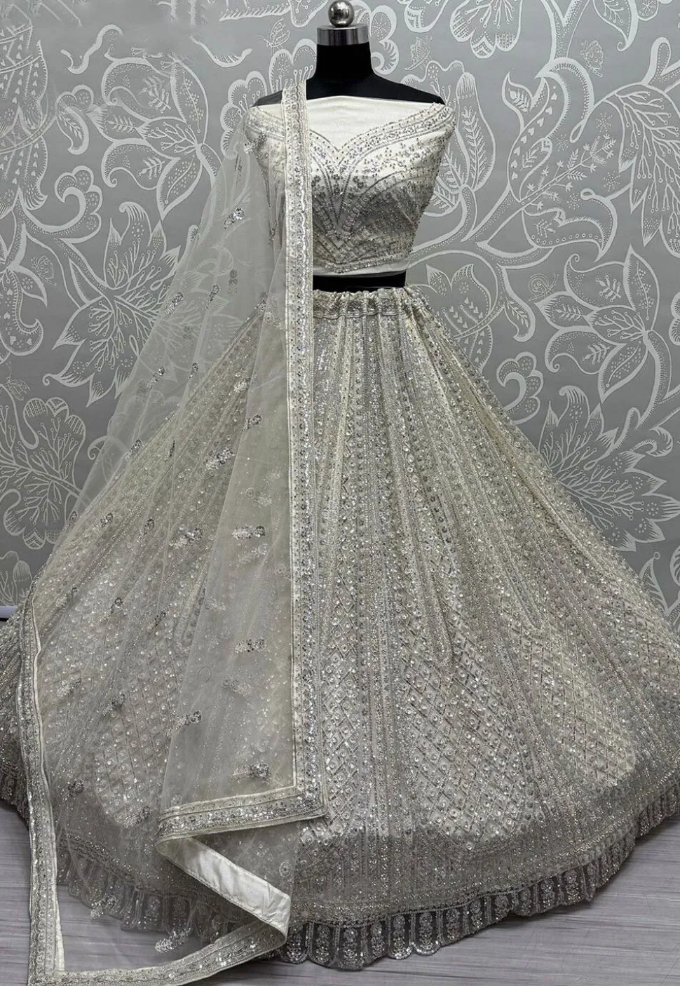 Embroidered Net Lehenga in Off White