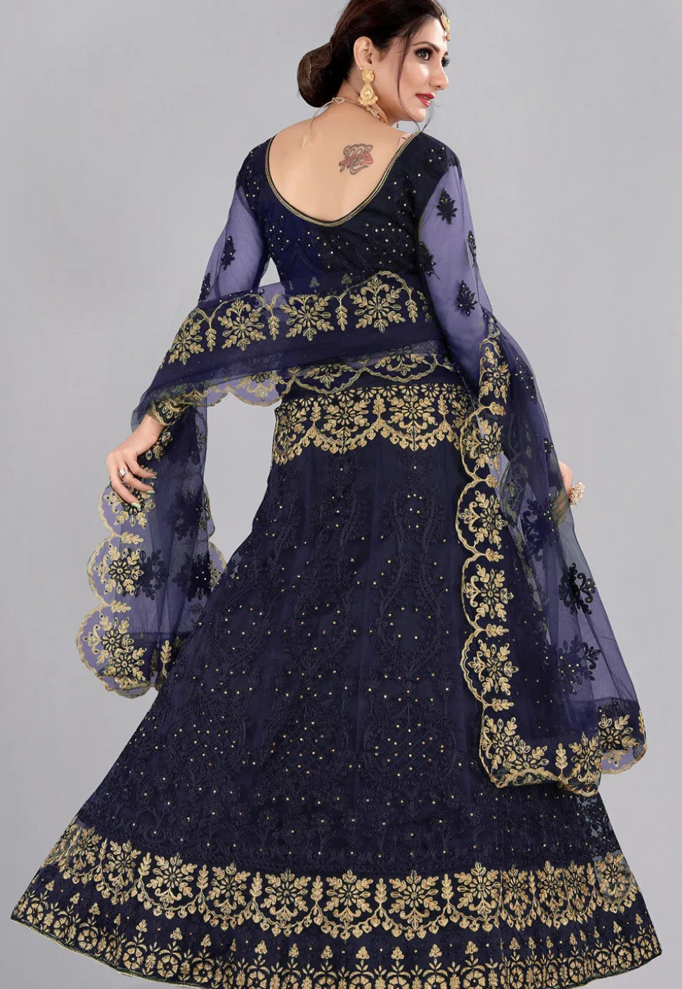 Embroidered Net Lehenga in Blue