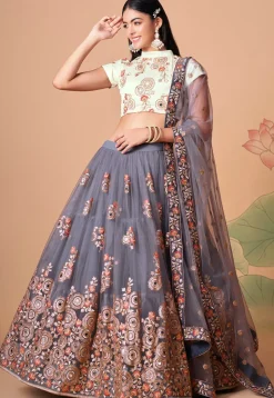 Embroidered Net Lehenga in Dusty Purple