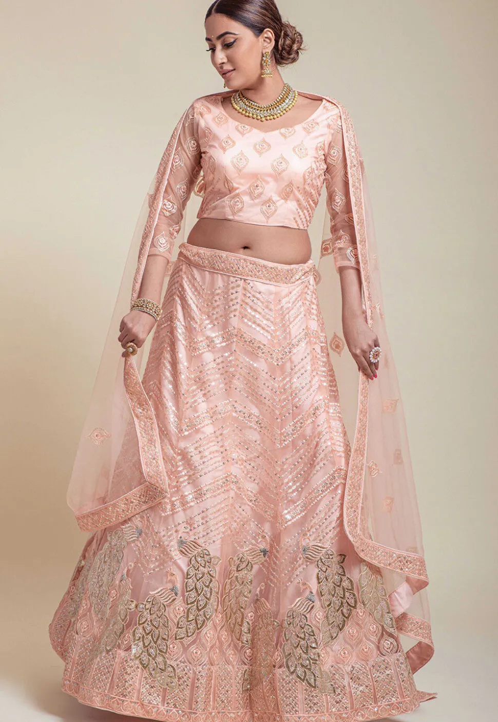 Embroidered Net Lehenga in Peach