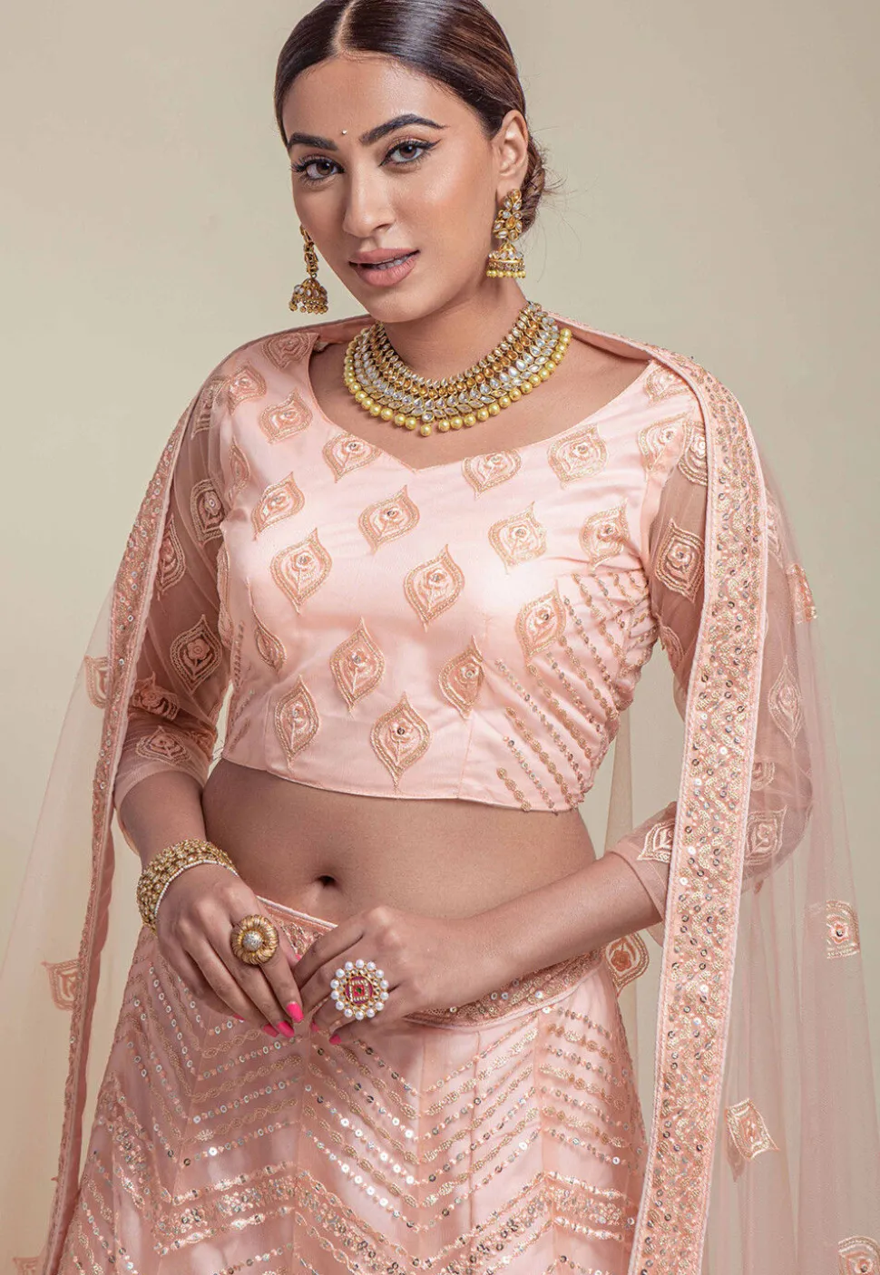 Embroidered Net Lehenga in Peach