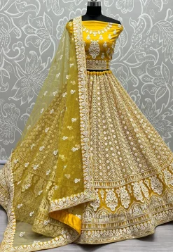 Embroidered Net Lehenga in Yellow
