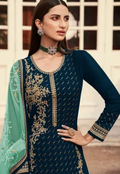 Embroidered Net Lehenga in Teal Blue