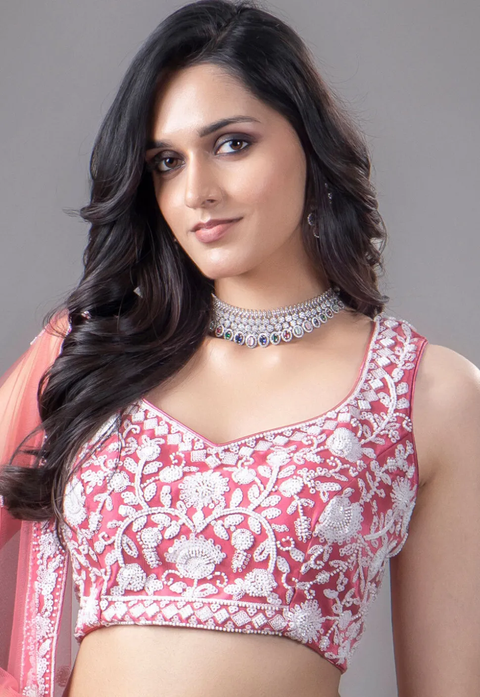 Embroidered Net Lehenga in Pink
