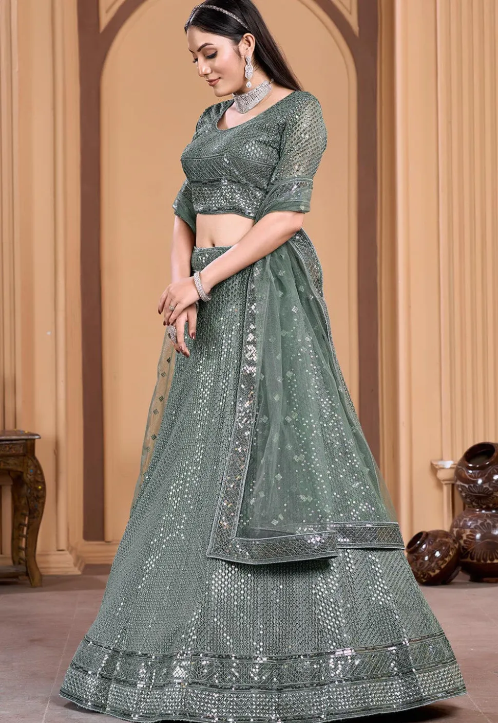 Embroidered Net Lehenga in Dusty Green