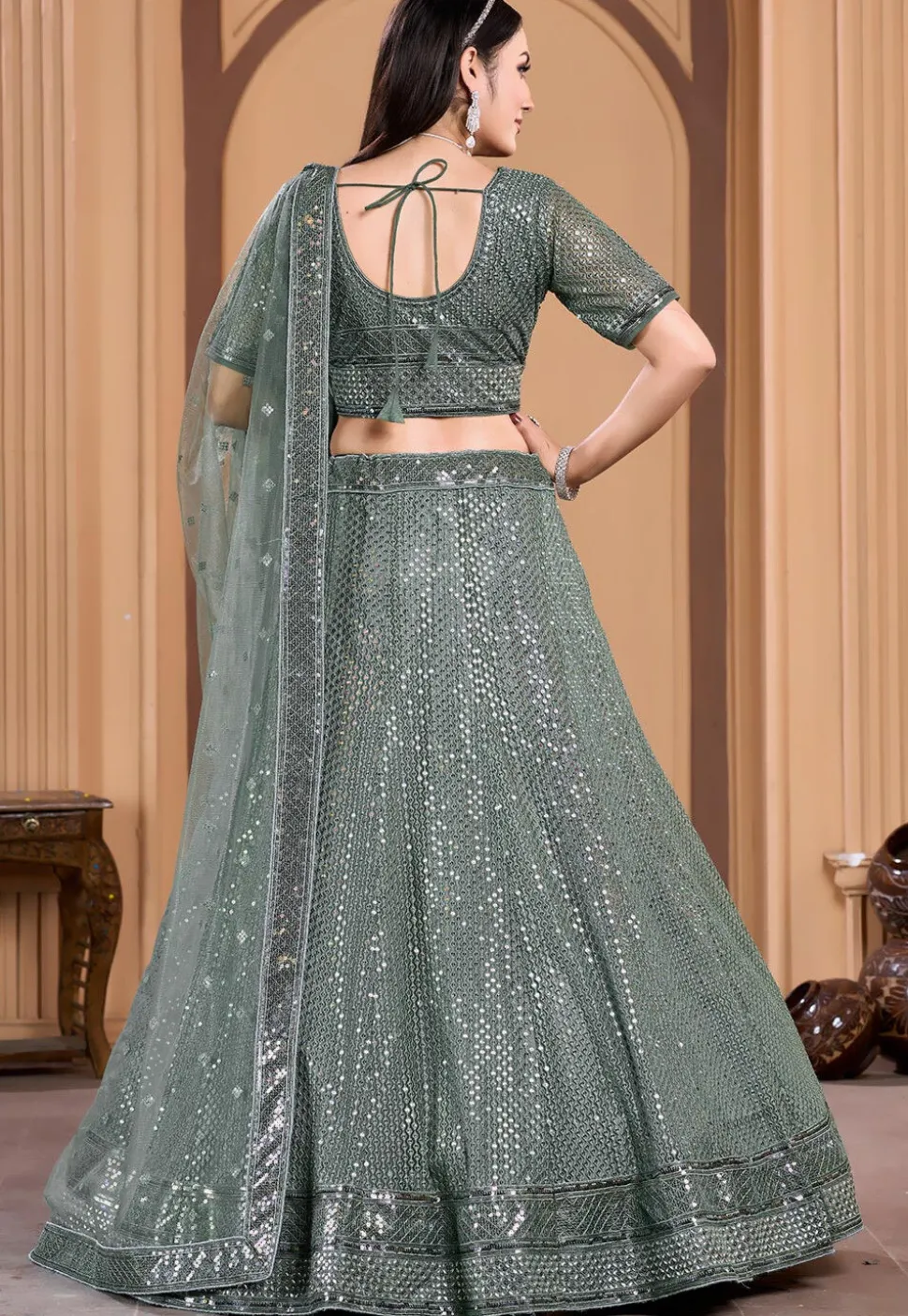 Embroidered Net Lehenga in Dusty Green