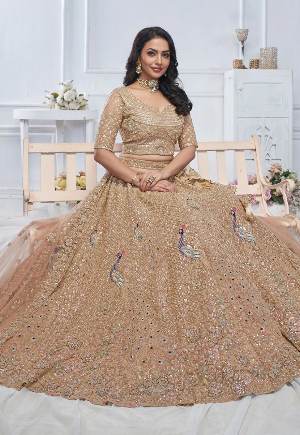 Embroidered Net Lehenga in Light Brown
