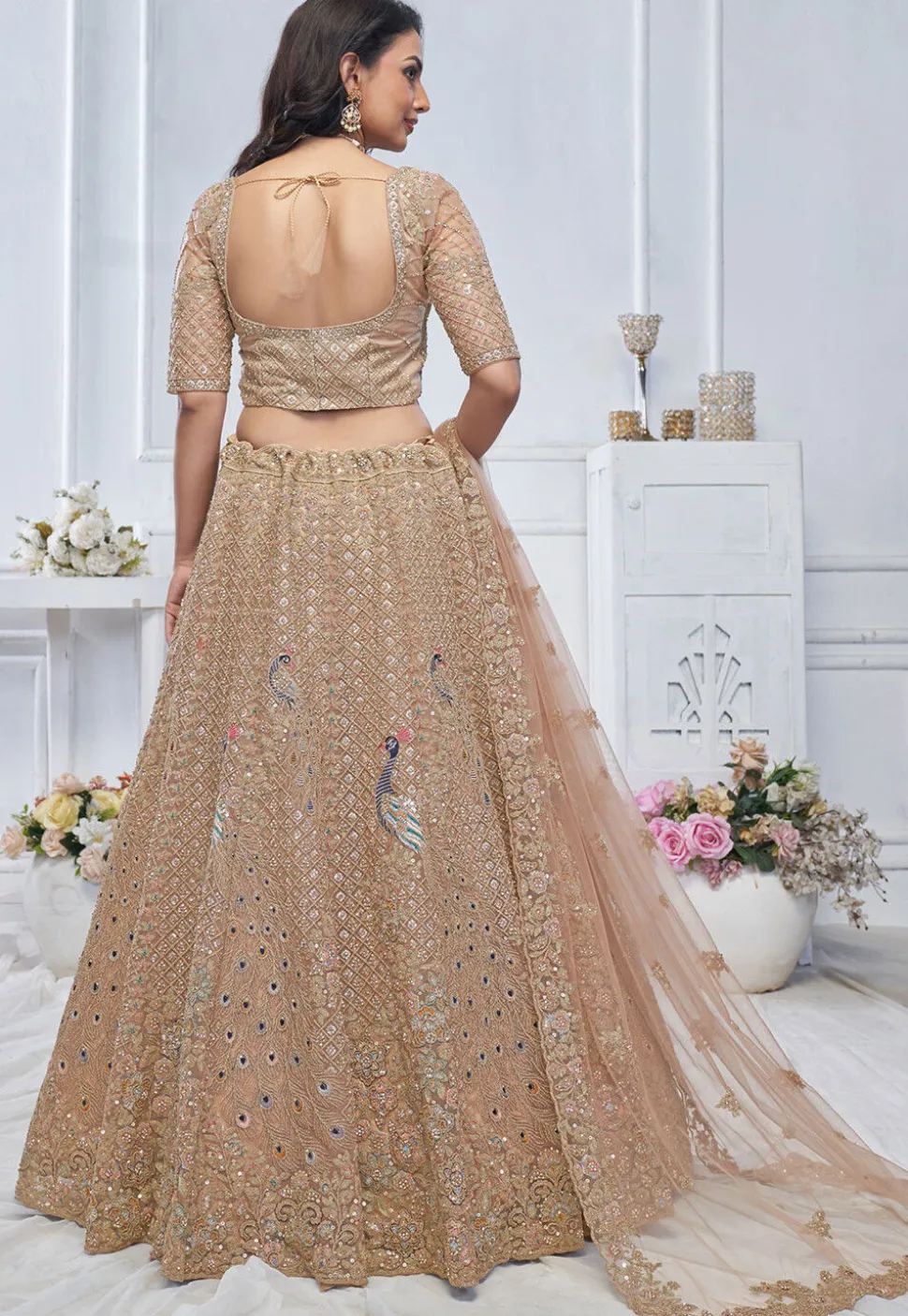 Embroidered Net Lehenga in Light Brown