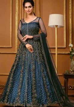 Embroidered Net Lehenga in Navy Blue