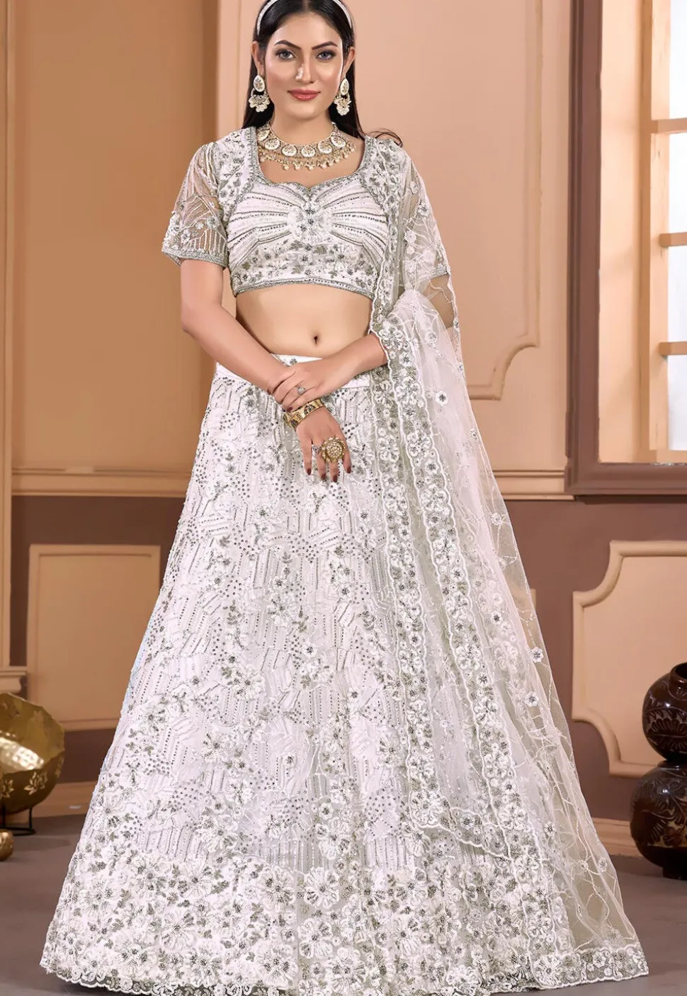 Embroidered Net Lehenga in Off White