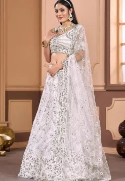 Embroidered Net Lehenga in Off White