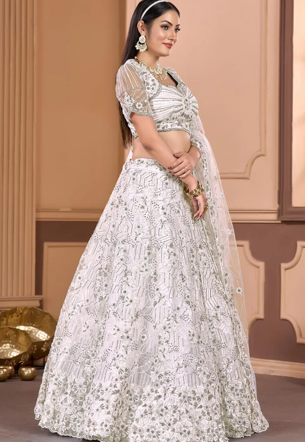 Embroidered Net Lehenga in Off White