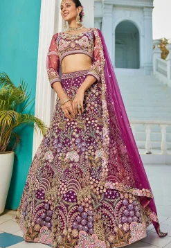 Embroidered Net Lehenga in Purple