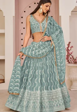 Embroidered Net Lehenga in Dusty Blue