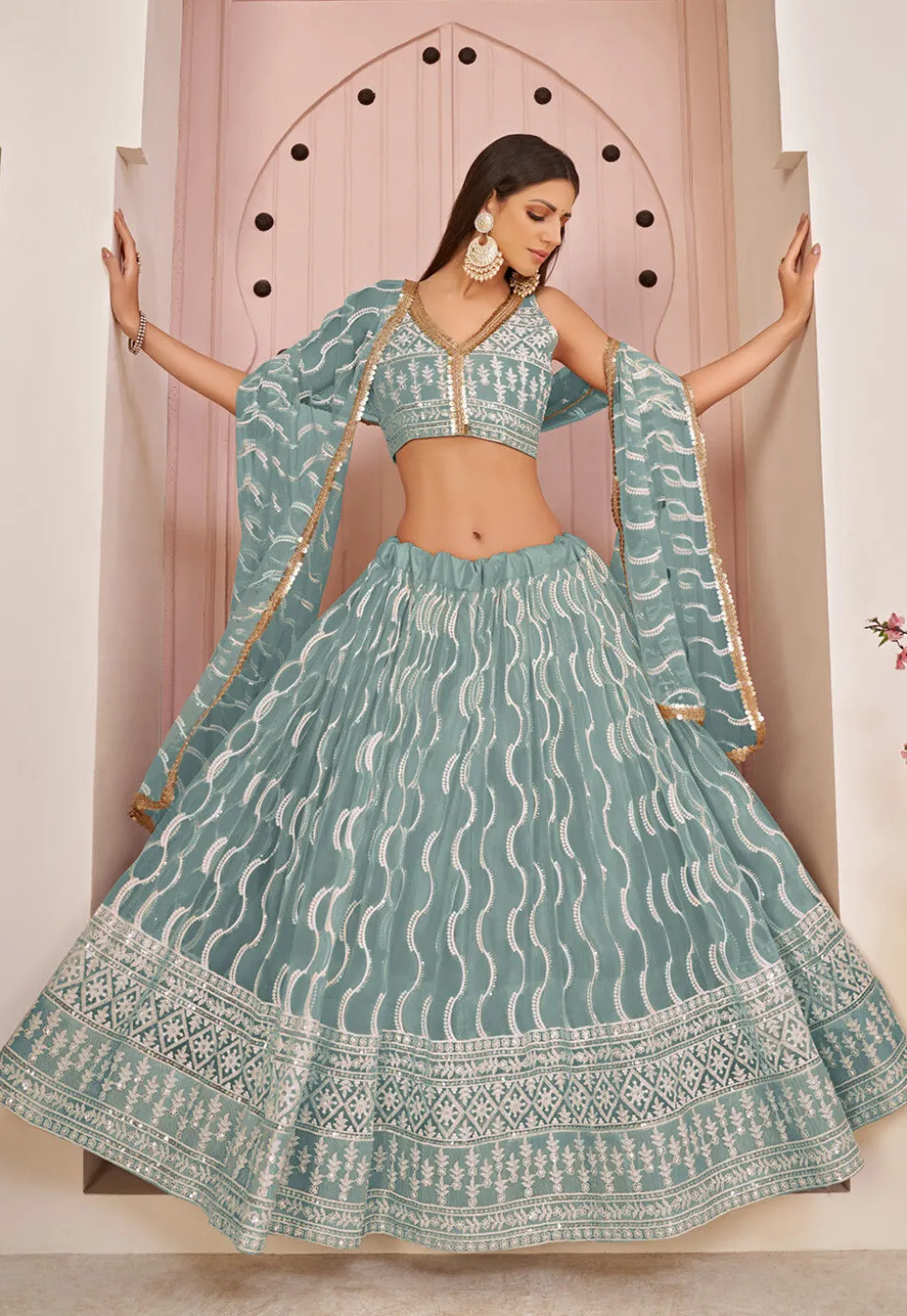 Embroidered Net Lehenga in Dusty Blue