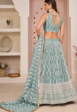 Embroidered Net Lehenga in Dusty Blue