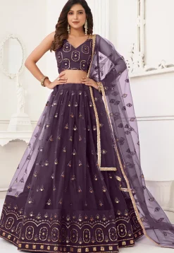 Embroidered Net Lehenga in Dark Purple