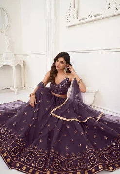 Embroidered Net Lehenga in Dark Purple