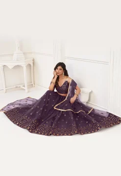 Embroidered Net Lehenga in Dark Purple