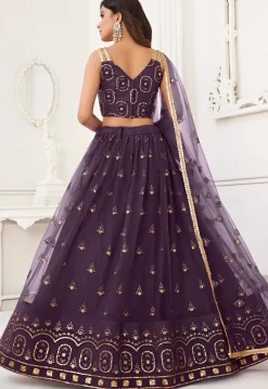 Embroidered Net Lehenga in Dark Purple