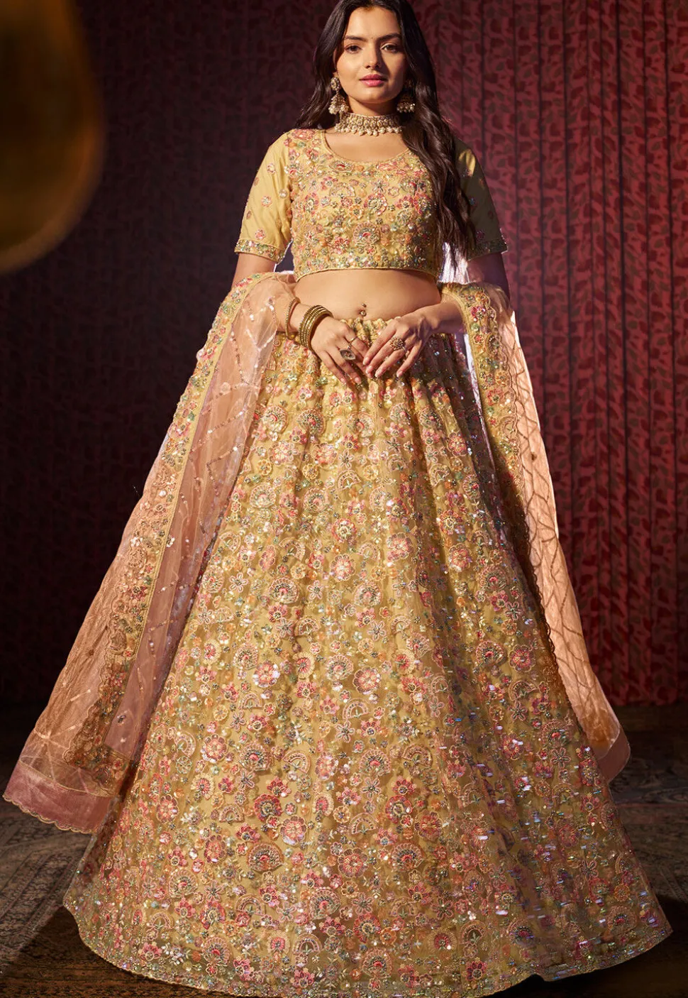 Embroidered Net Lehenga in Beige