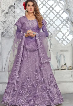Embroidered Net Lehenga in Purple