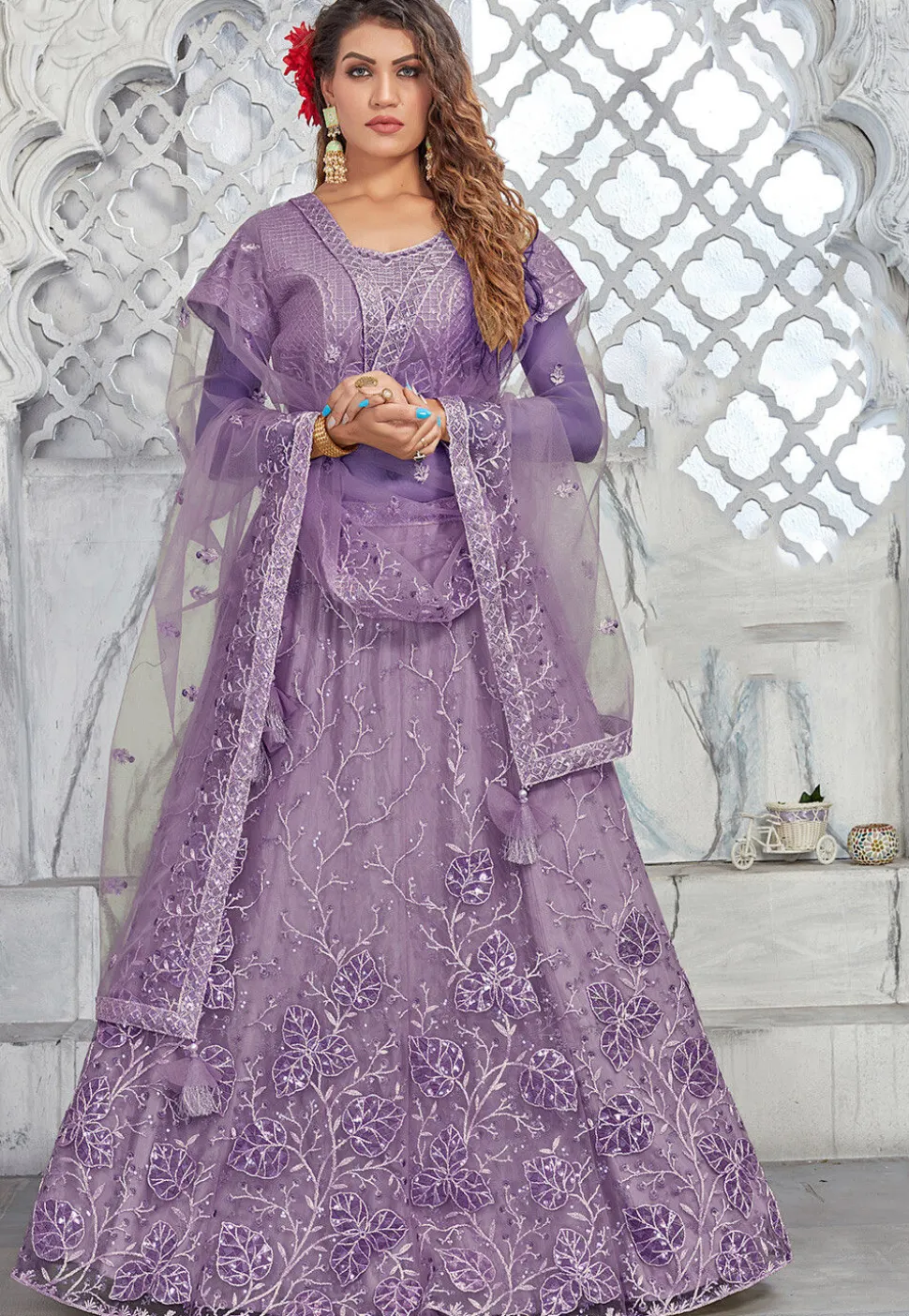 Embroidered Net Lehenga in Purple