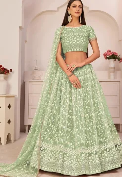 Embroidered Net Lehenga in Pastel Green