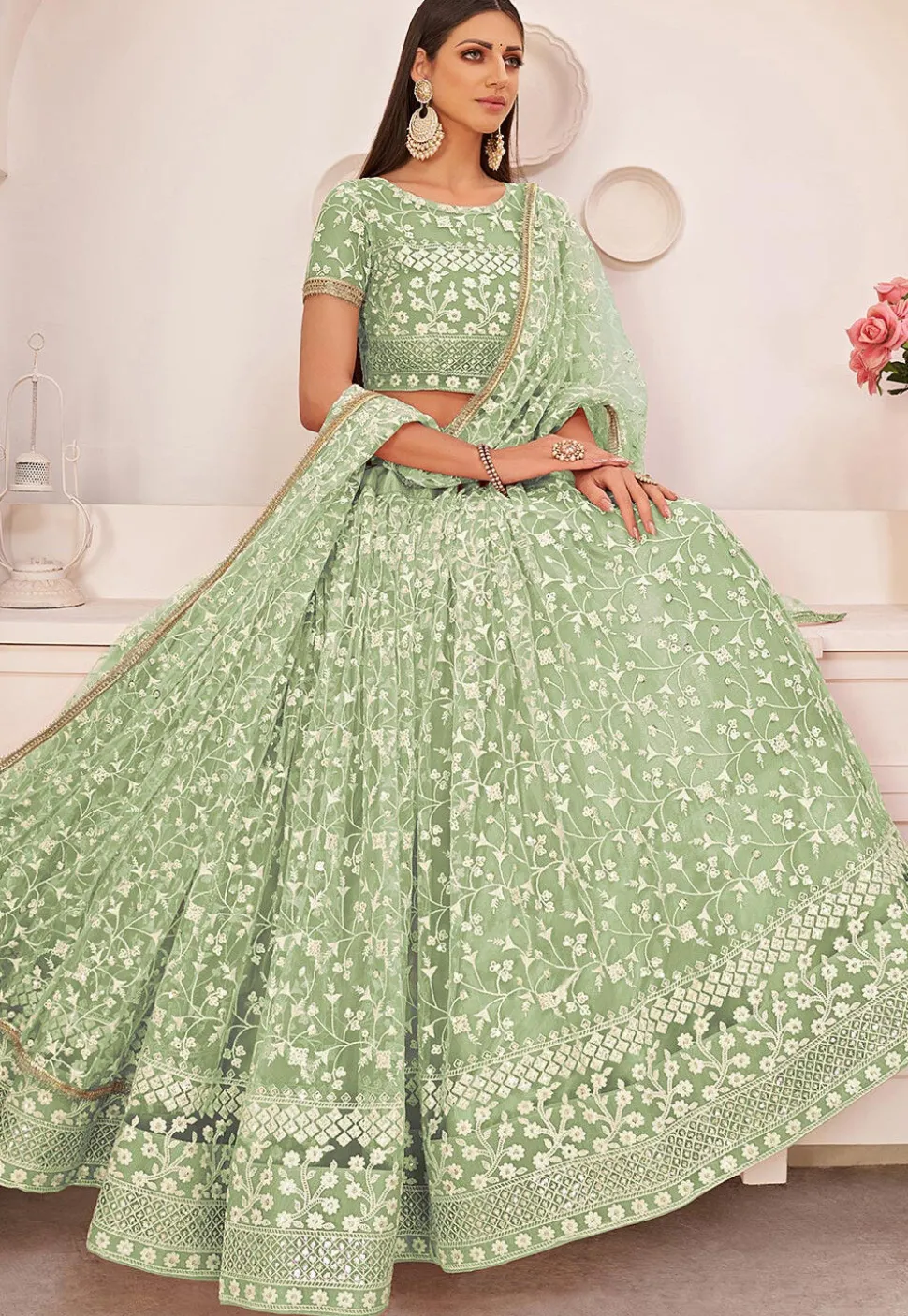 Embroidered Net Lehenga in Pastel Green