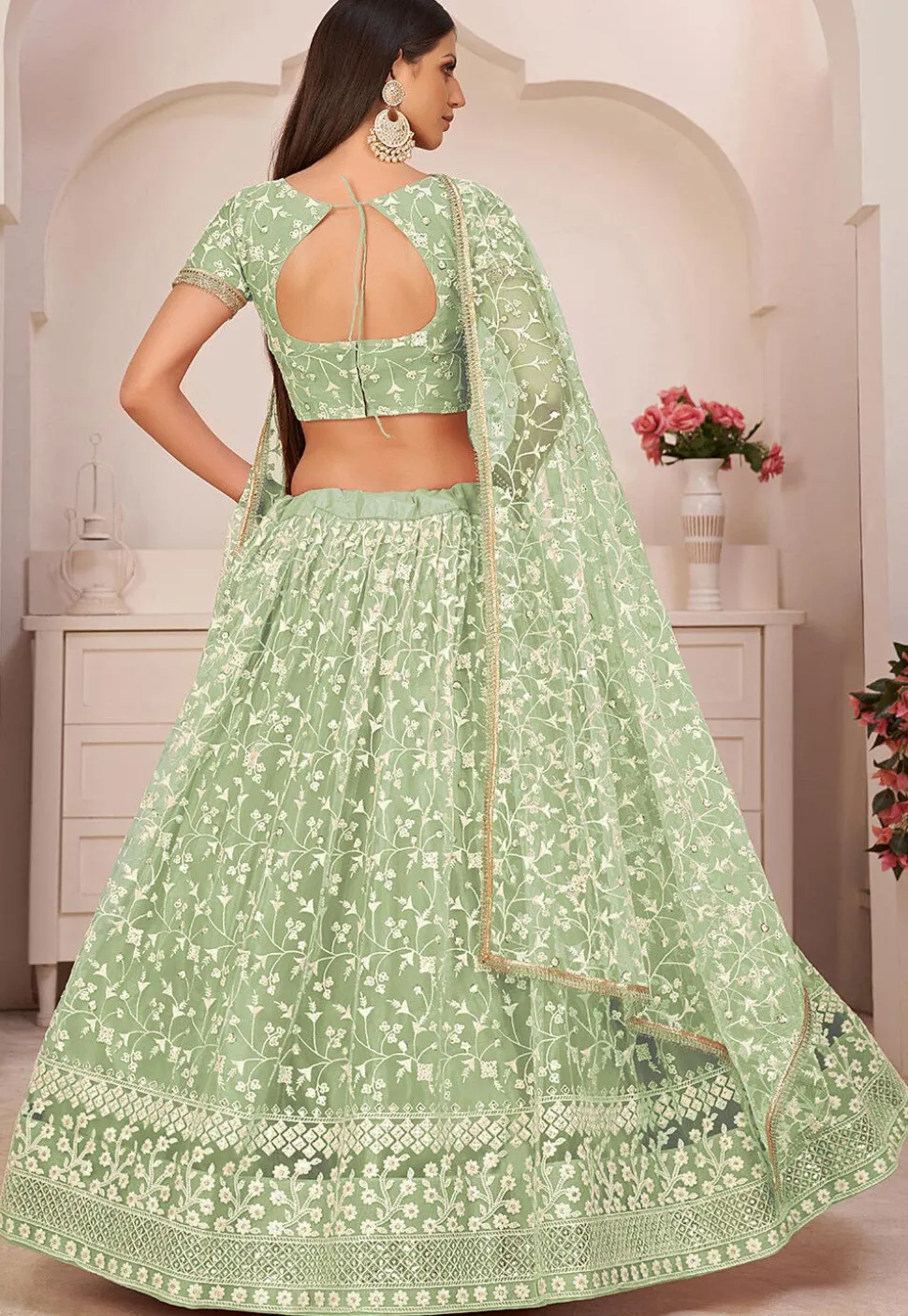 Embroidered Net Lehenga in Pastel Green