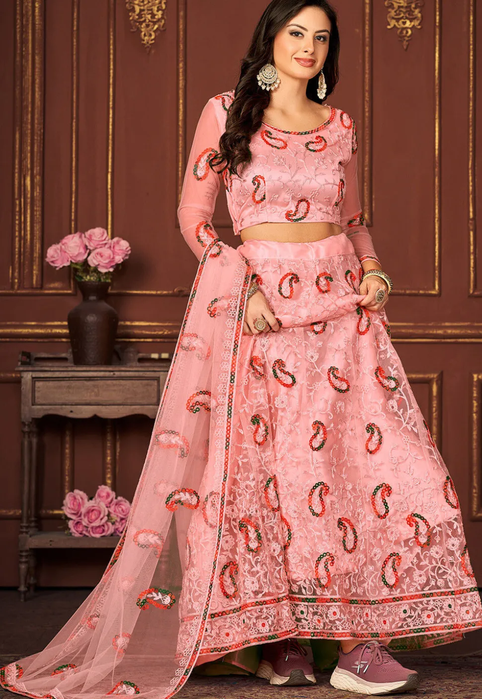 Embroidered Net Lehenga in Peach